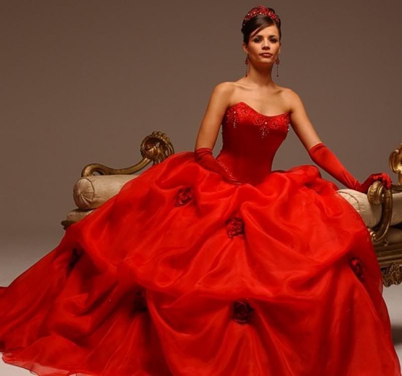 Luxury red wedding dress ball gown style with red roses