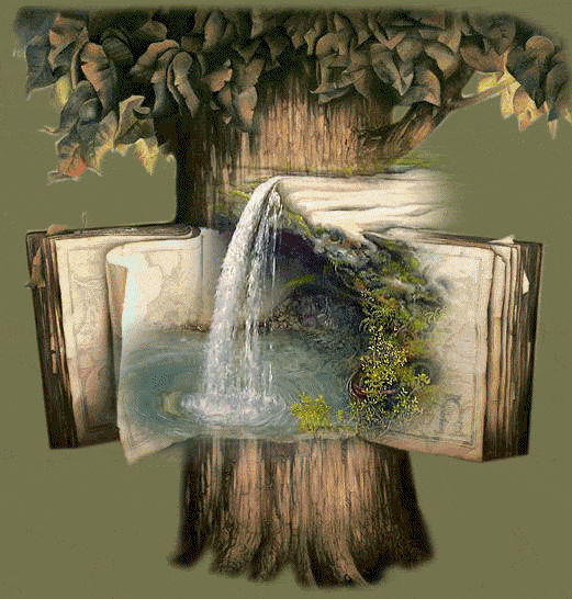 waterfall book growing out of tree
