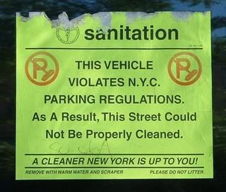 This vehicle violates N Y C parking regulations. As a result, this street could not be  properly cleaned. A cleaner New York is up to you.