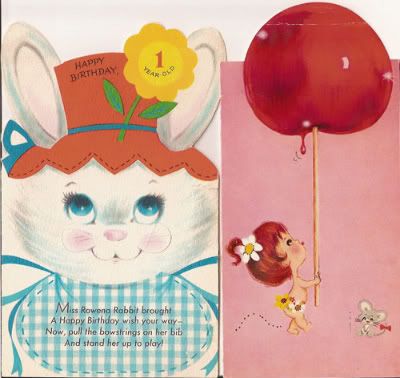 Card one is a bunny. Card 2 is a little girl carrying a candy apple three times her height trying to catch a drop of it on her tongue