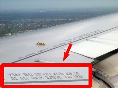 Text on the wing of an airplane says 'Do Not Walk Outside This Area.' 