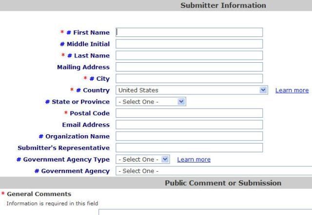 Top half of Regulations.gov comment form